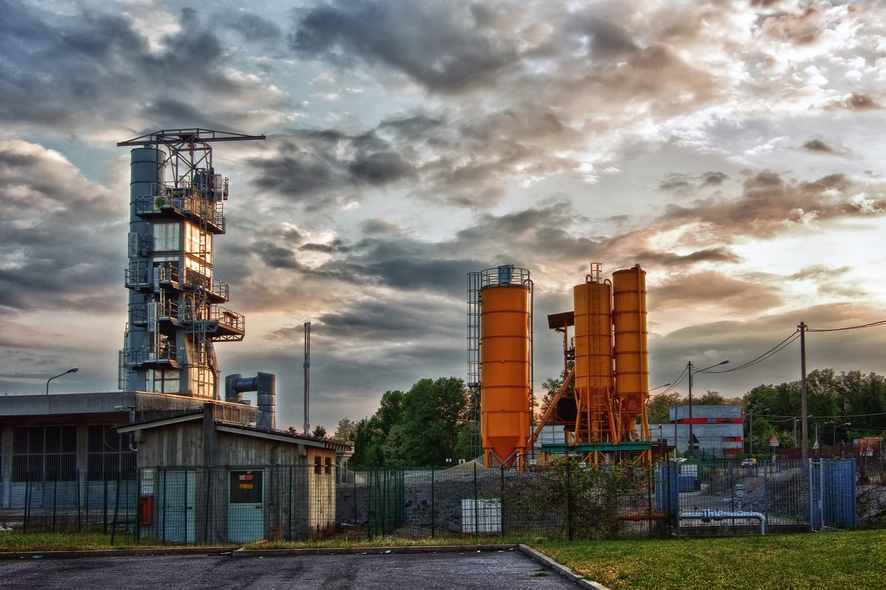 industrial plant, factory, buildings, architecture, structures, infrastructure, factory buildings, production, nature, cement, concrete, tanks, mixers, industrial area, sunset, cloudy sky