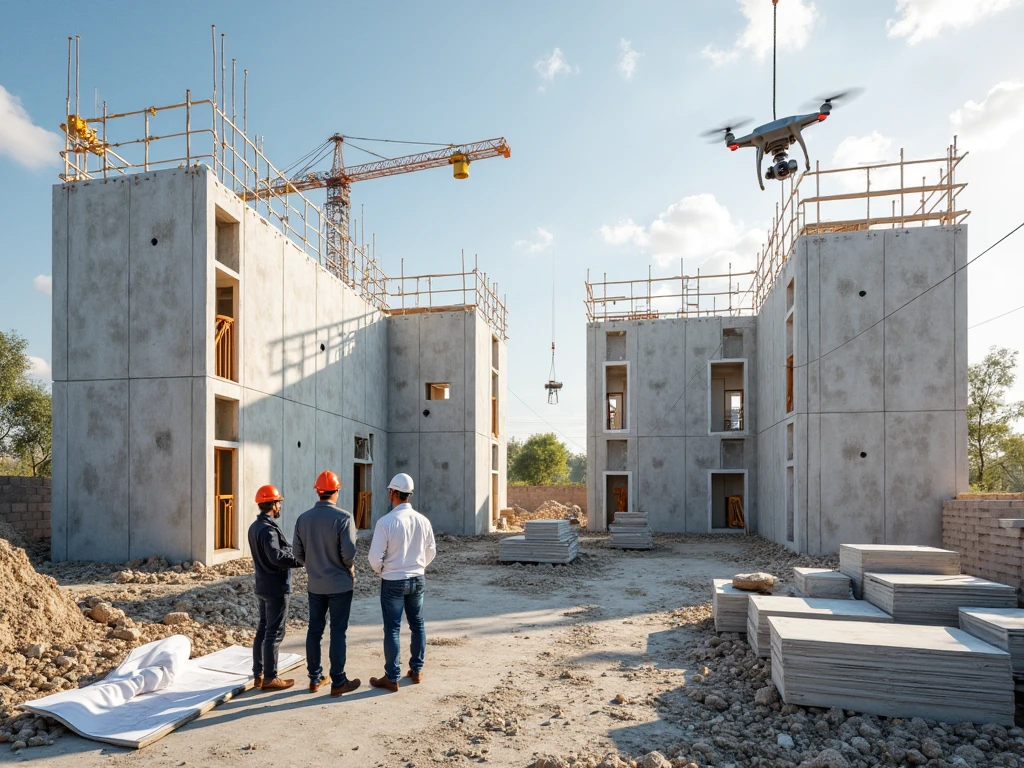 Construction workers in a modern construction space discussing on new technology to cut costs for builders
