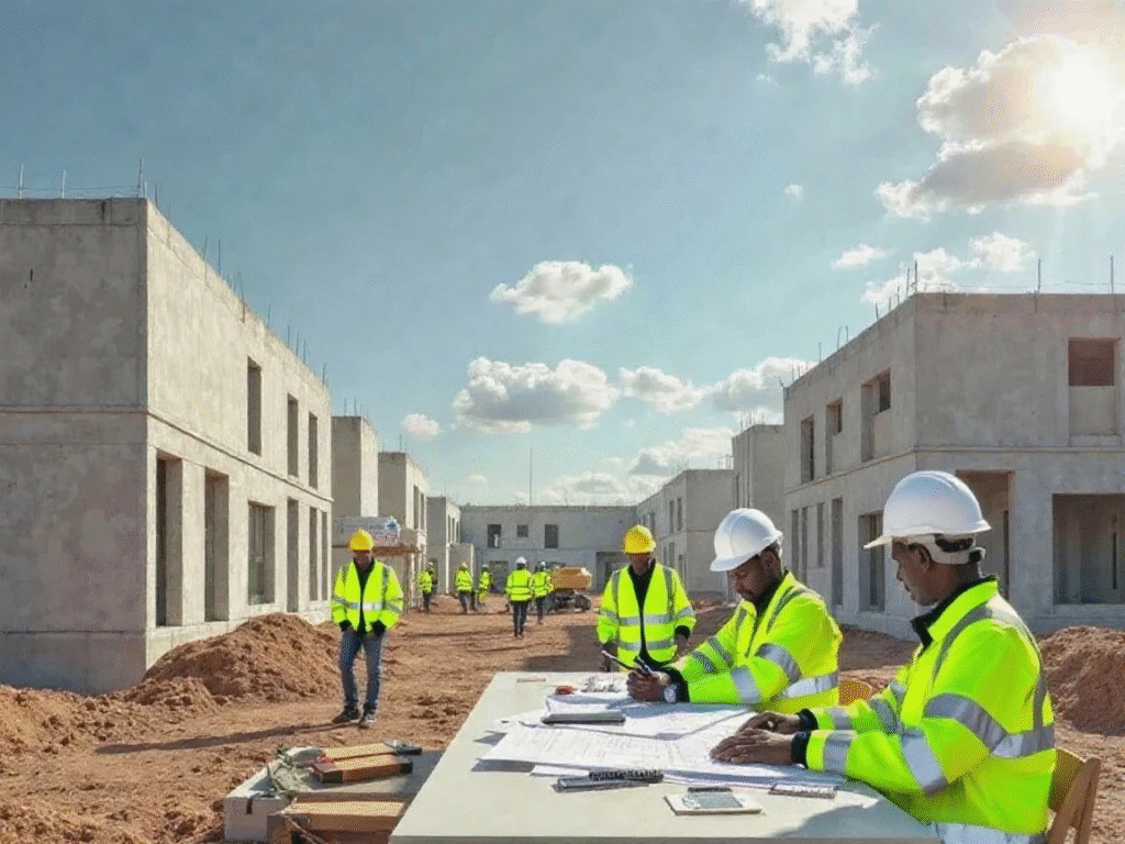Modular technology; construction experts seated on a table discussing new technology to cut costs for builders