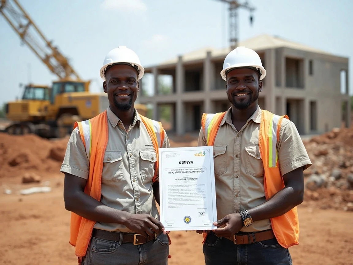 Two contractors happily show off their NCA project registration certificate at a construction site.