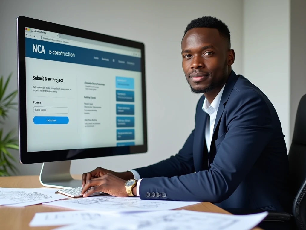 A young man doing a step-by-step NCA project registration on a computer in an office