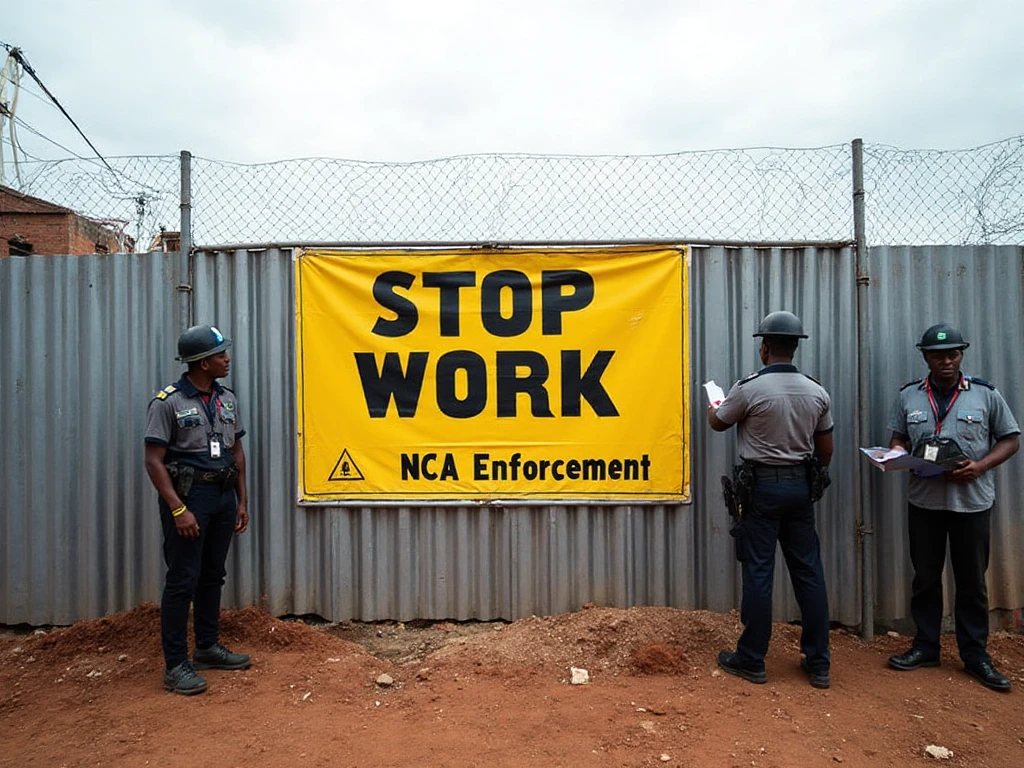 NCA inspectors close down a construction site and erect a "Stop Work" banner. 