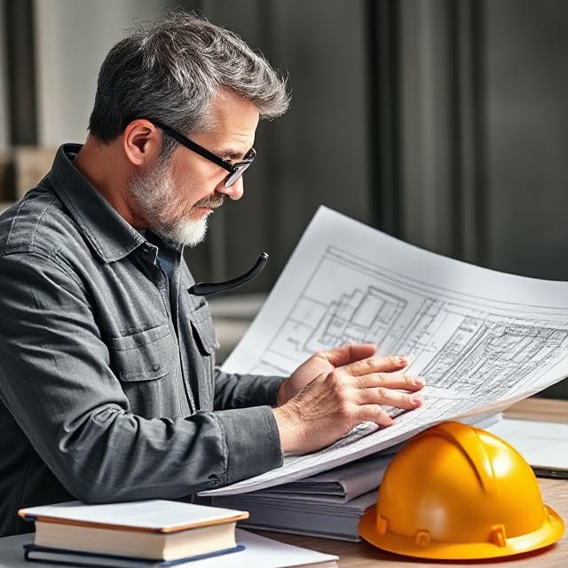 A consultant engineer reviewing engineering drawing in an office. 