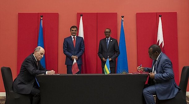 His Highness the Amir Sheikh Tamim bin Hamad Al-Thani and the President of the Republic of Rwanda H.E. Paul Kagame witness signing of an agreement