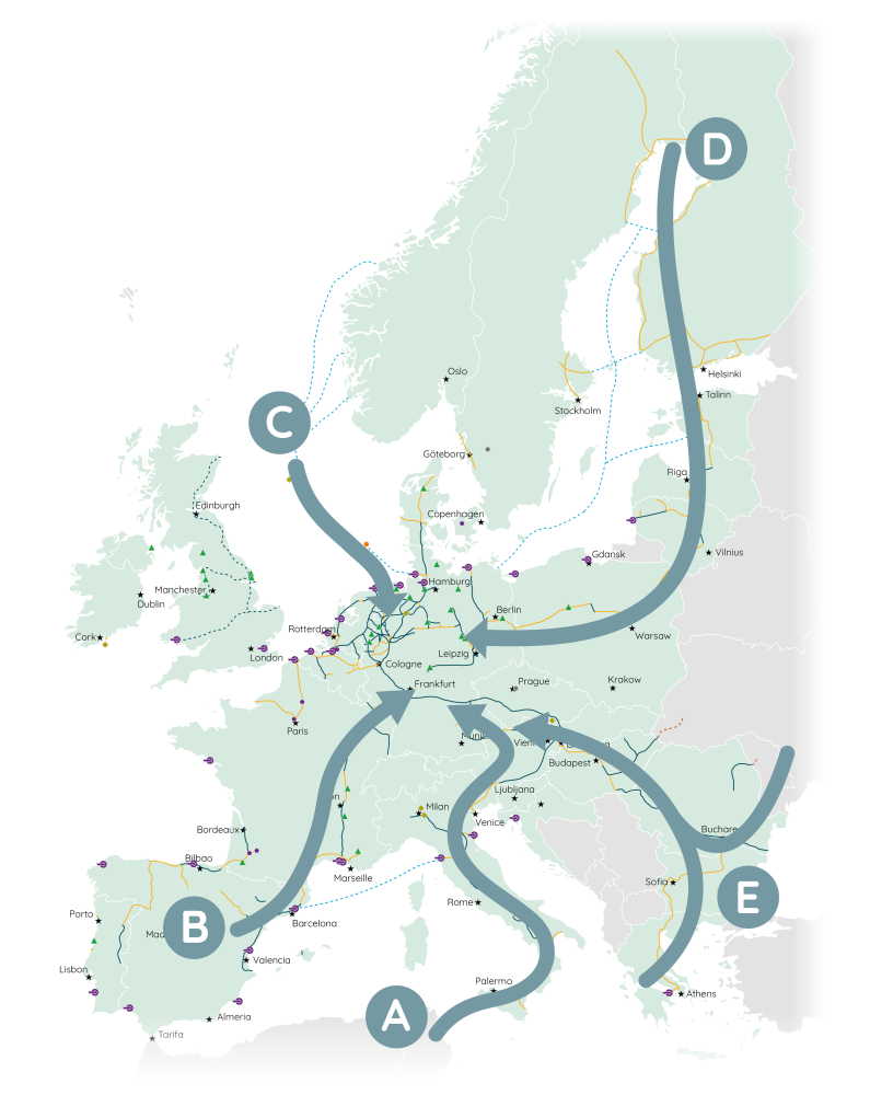 Future hydrogen infrastructure corridors between Africa and Europe. 