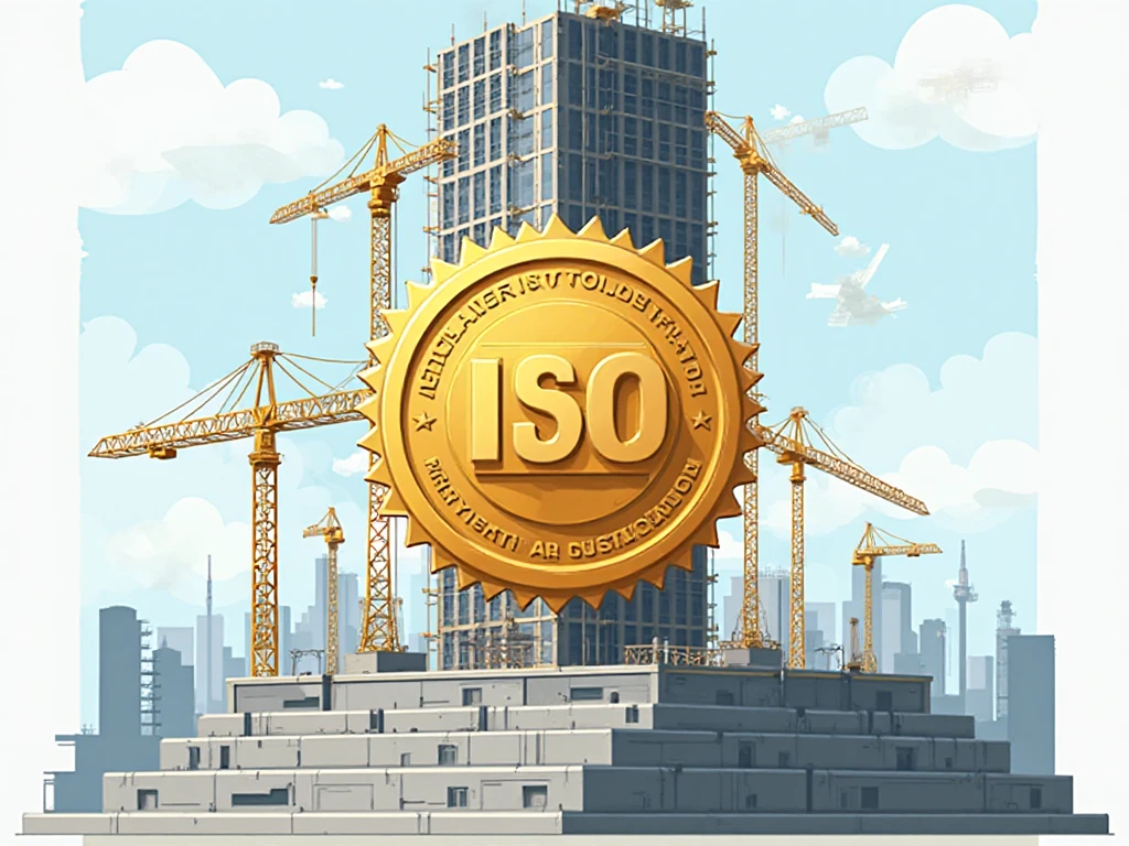 ISO certification for construction companies seal and building under construction on the background.