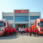 A showcase of a construction company branding with matching uniforms and branded trucks and building.