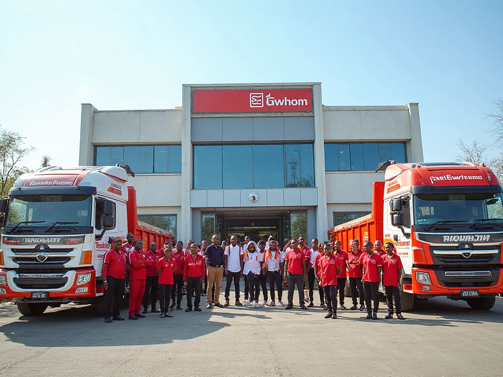 A showcase of a construction company branding with matching uniforms and branded trucks and building.