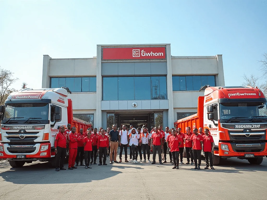 A showcase of a construction company branding with matching uniforms and branded trucks and building.