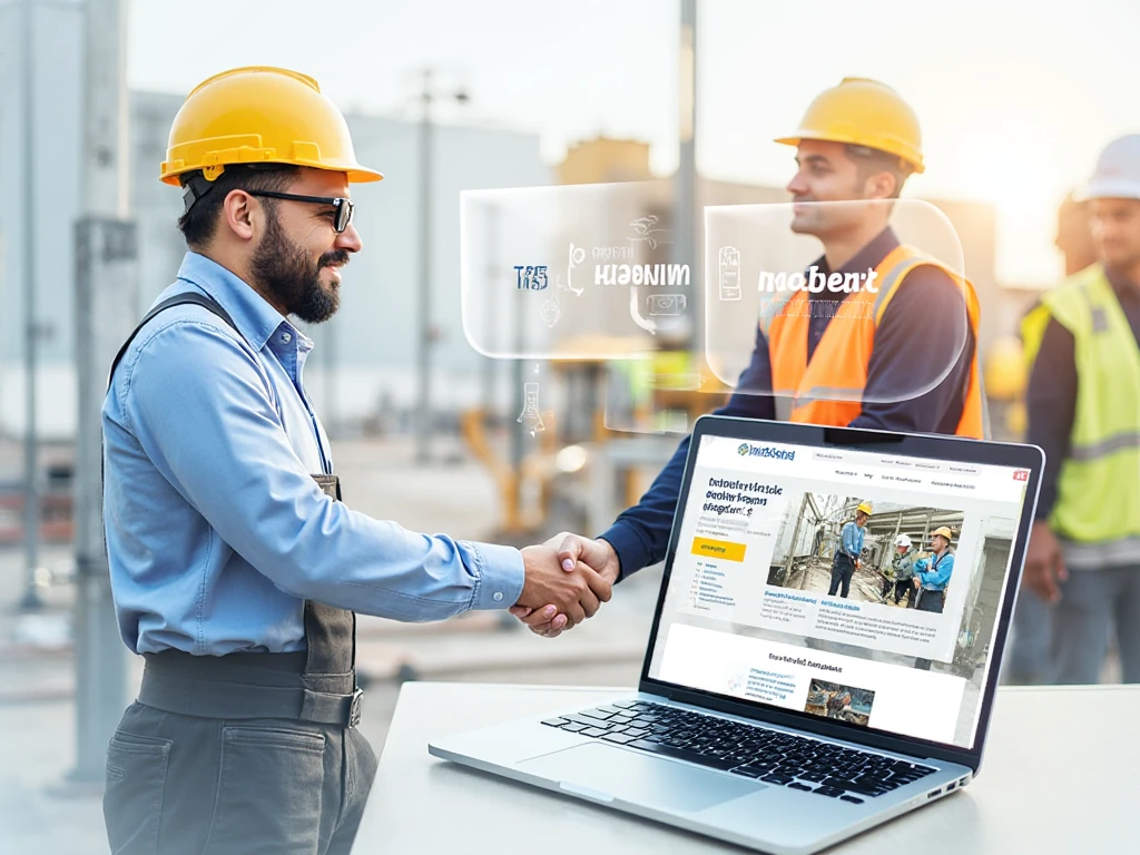 A construction company branding strategy where a contractor and client shake hands, there is a laptop displaying a well-branded construction website. 