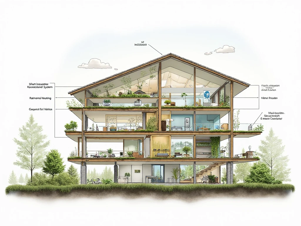 Cross-section of a modern eco-friendly building showing smart insulation, rainwater harvesting systems, solar panels, geothermal heating, and natural ventilation, all integrated into one sustainable design blueprint