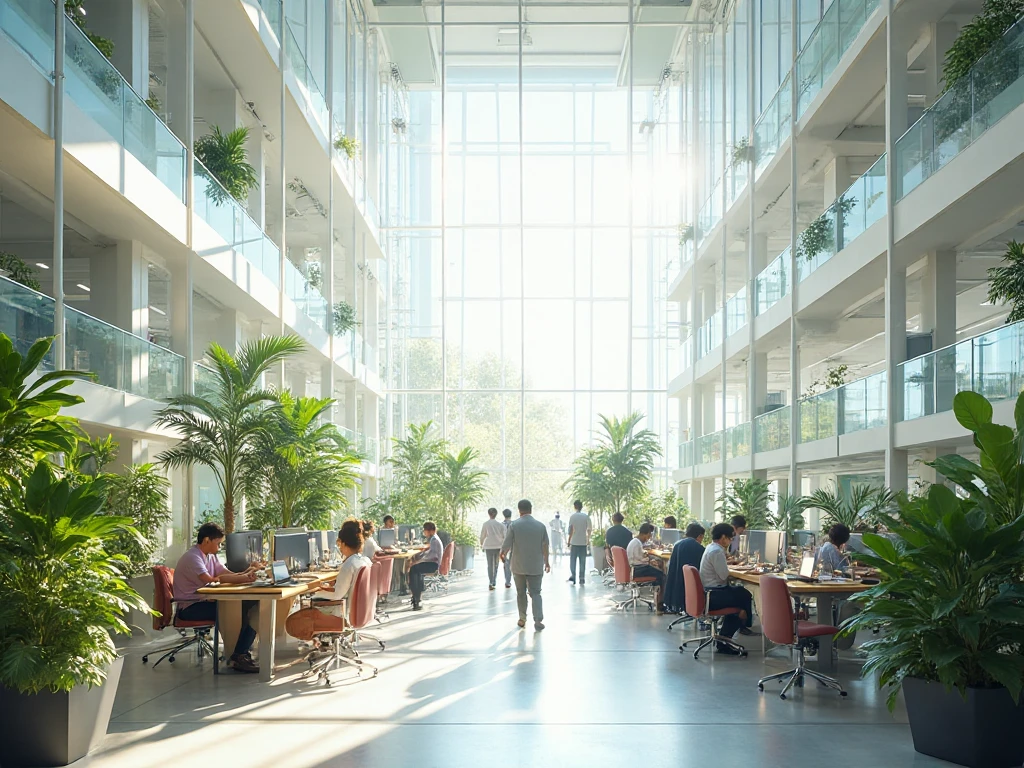 Modern office building interior flooded with natural light, indoor plants, and smart HVAC controls, with workers enjoying a healthy, energy-efficient environment—representing comfort, lower costs, and sustainability benefits