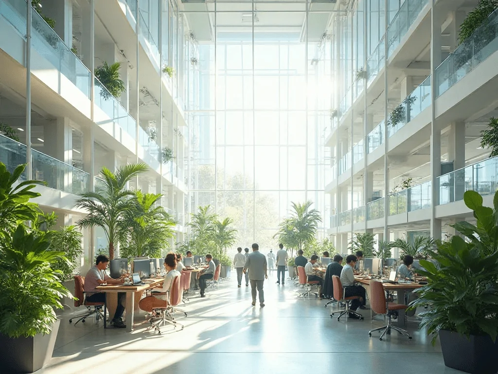 Modern office building interior flooded with natural light, indoor plants, and smart HVAC controls, with workers enjoying a healthy, energy-efficient environment—representing comfort, lower costs, and sustainability benefits