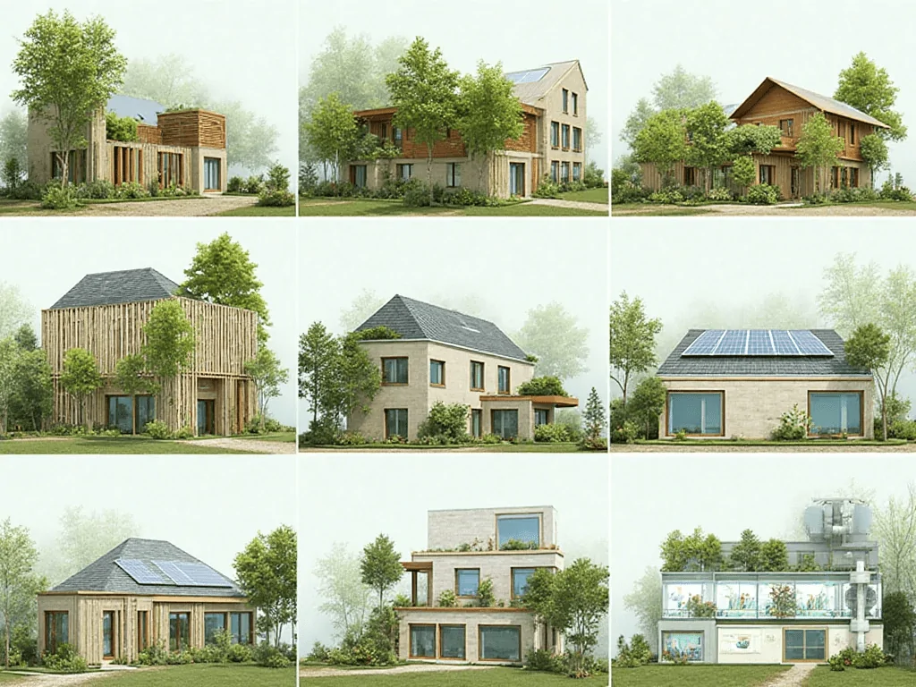 Collage of innovative green technologies: bamboo and hempcrete walls, prefabricated modular housing units, rooftop solar panels, smart energy dashboards, and water recycling systems, illustrating modern eco-construction trends