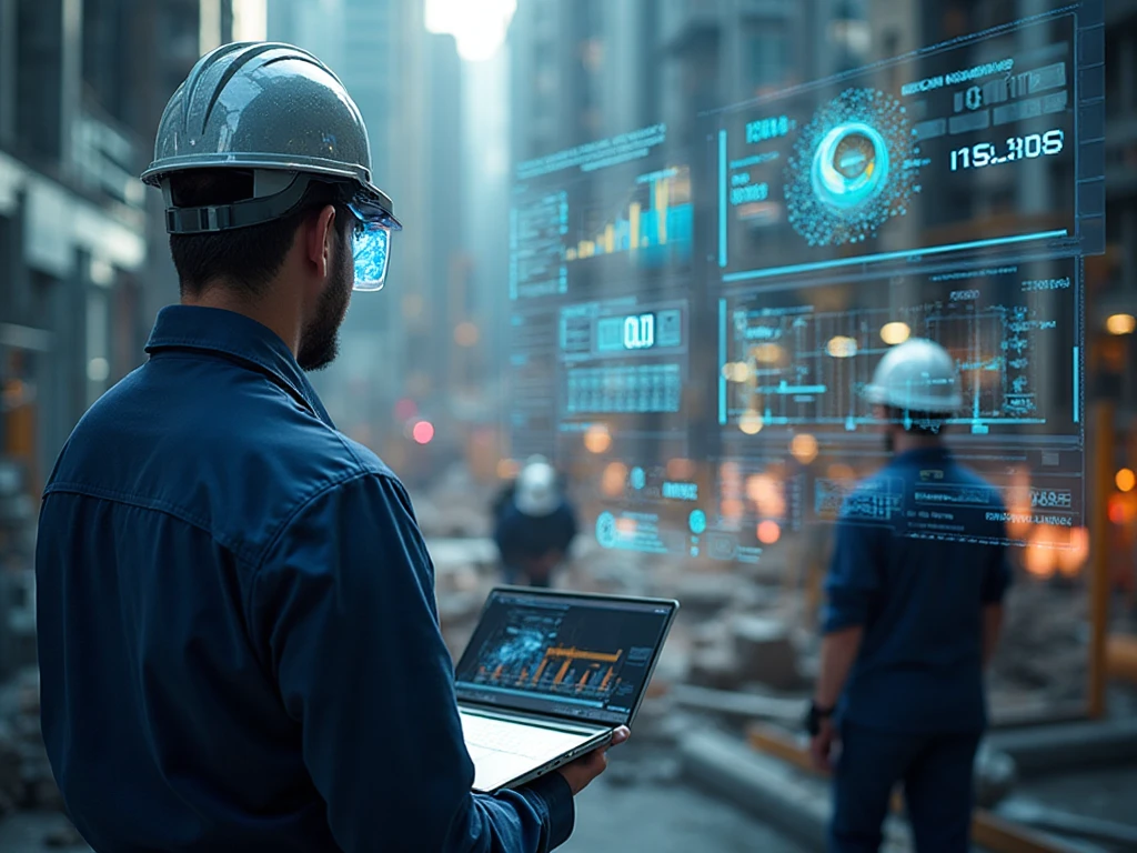 Modern construction site with engineers using augmented reality headsets and AI dashboards.