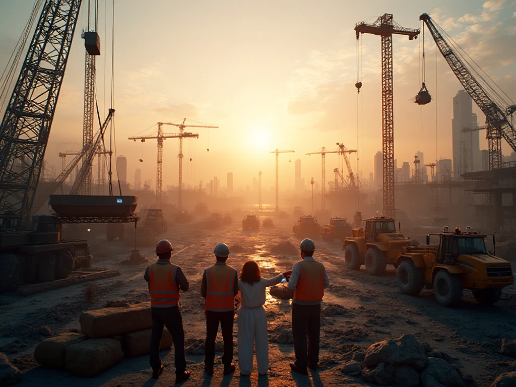 Ultra-realistic wide-angle shot of a modern construction site at sunrise, giant cranes lifting steel beams, excavators and bulldozers working in harmony, construction managers in reflective vests. invest in construction machinery and equipment