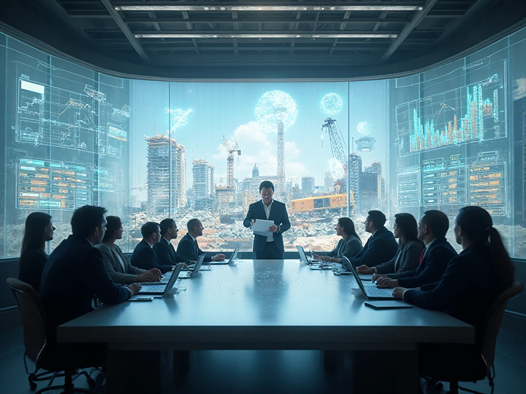corporate boardroom with construction executives and investors reviewing charts and financial data projected onto glass screens and invest in construction equipment and machinery.