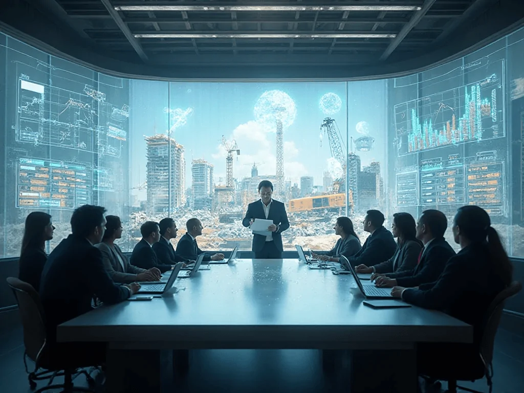 corporate boardroom with construction executives and investors reviewing charts and financial data projected onto glass screens and invest in construction equipment and machinery.
