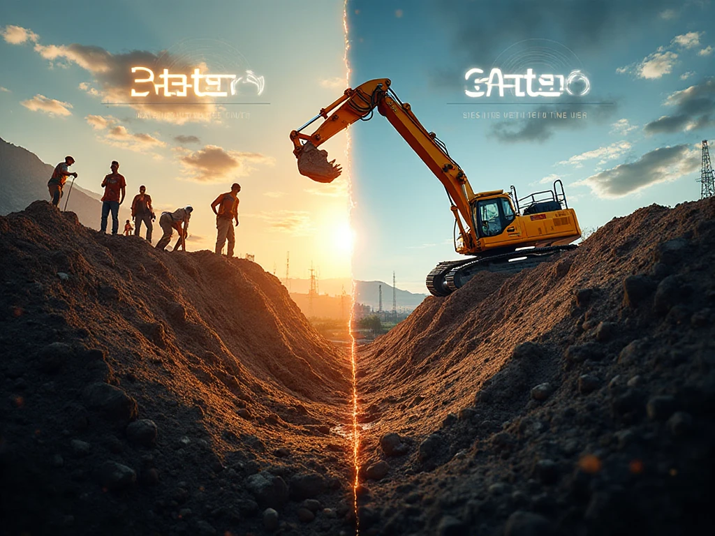 Dynamic split-scene composition showing before-and-after: left side workers manually digging a trench, right side a modern excavator completing the same task in hours