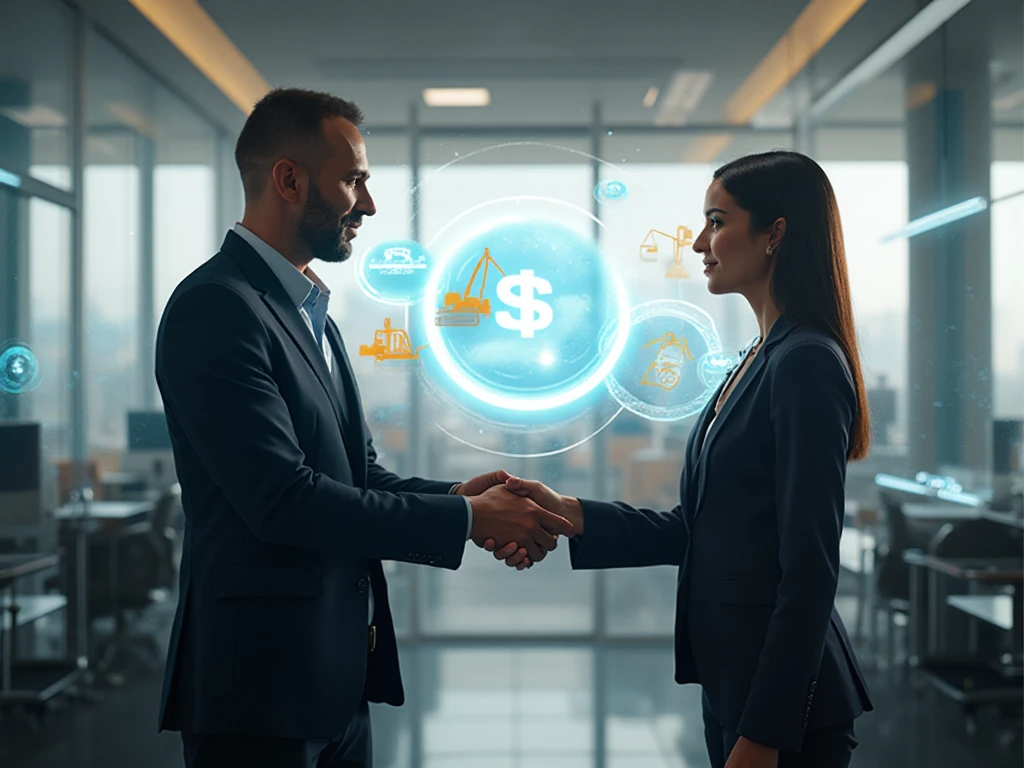 Ultra-realistic office scene inside a Kenyan bank branch, male contractor in suit shaking hands with a female loan officer, digital holographic icons of cranes, excavators, and dollar signs floating in background.