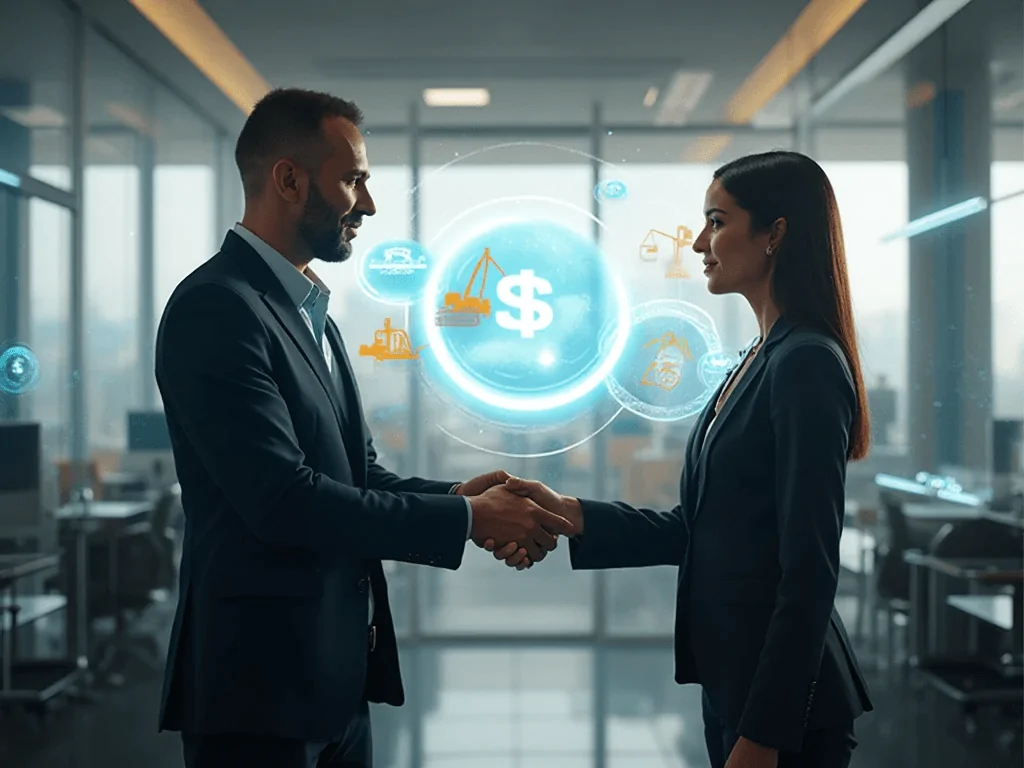Ultra-realistic office scene inside a Kenyan bank branch, male contractor in suit shaking hands with a female loan officer, digital holographic icons of cranes, excavators, and dollar signs floating in background.
