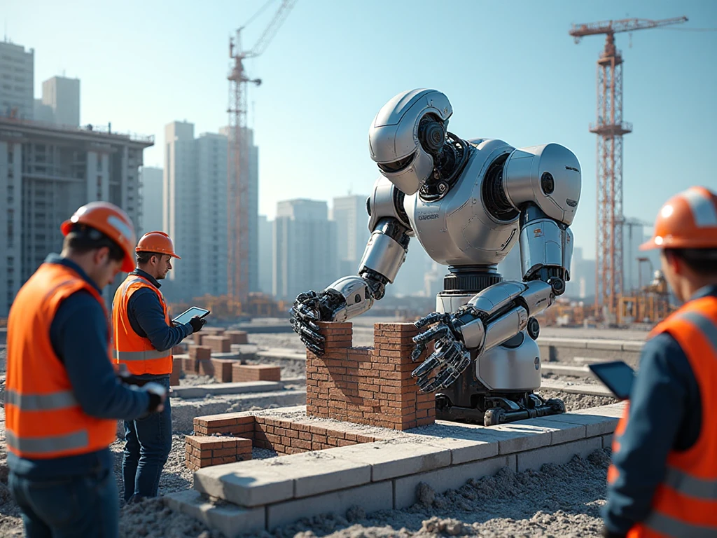 A futuristic brick-laying robot at work being monitored by a team of construction workers. 