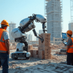 Brick-laying robot at work supervised by some construction workers and engineers.