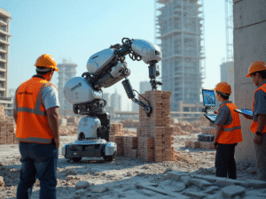 Brick-laying robot at work supervised by some construction workers and engineers.