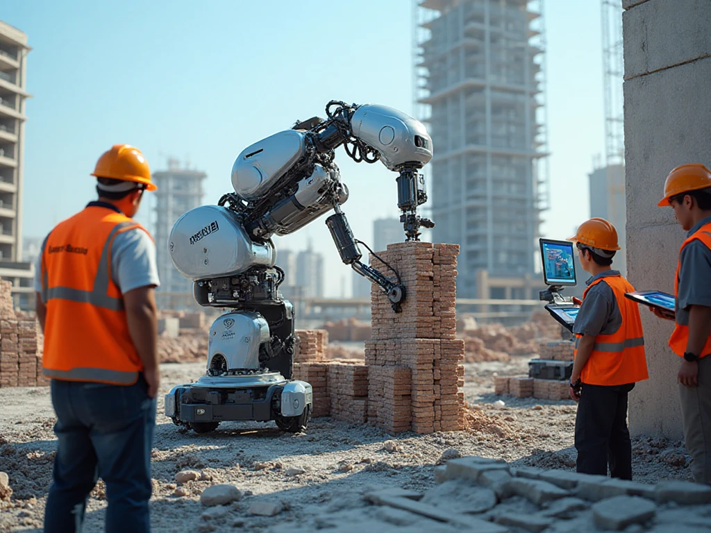 Brick-laying robot at work supervised by some construction workers and engineers.