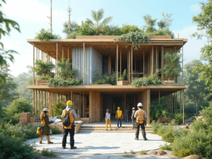 A modern house under construction using green building materials.