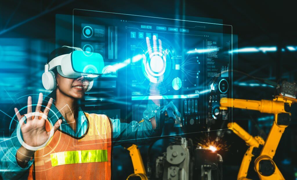 A civil engineer with AI-powered VR headsets going through a project details an application of AI in civil engineering. 