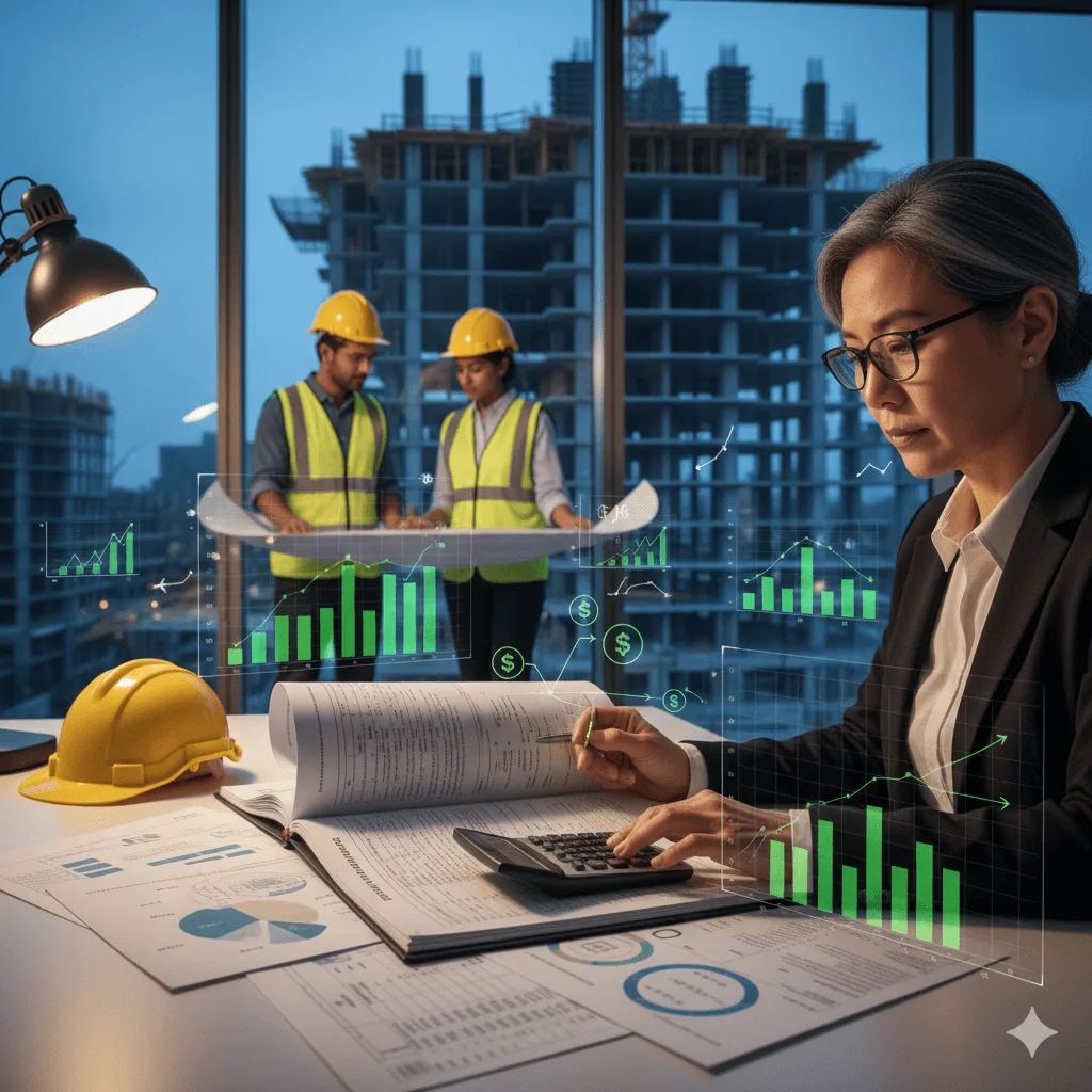 A QS ina offcie reviewing the advantages of using a bills of quantities in construction and in the background two architects going through a drawing, to the background a building under construction.