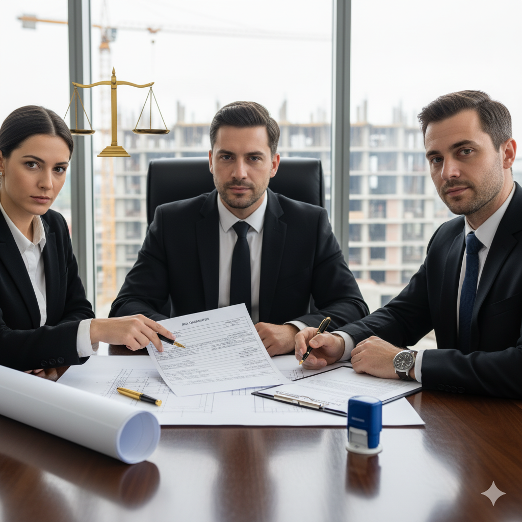 three construction professional reviewng bill of quantities as a construction document. 