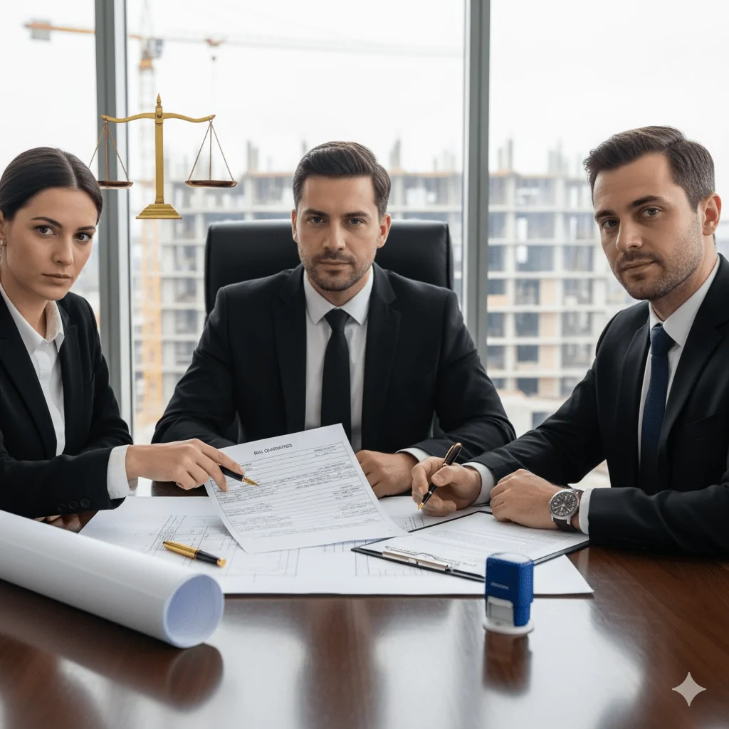 three construction professional reviewng bill of quantities as a construction document.