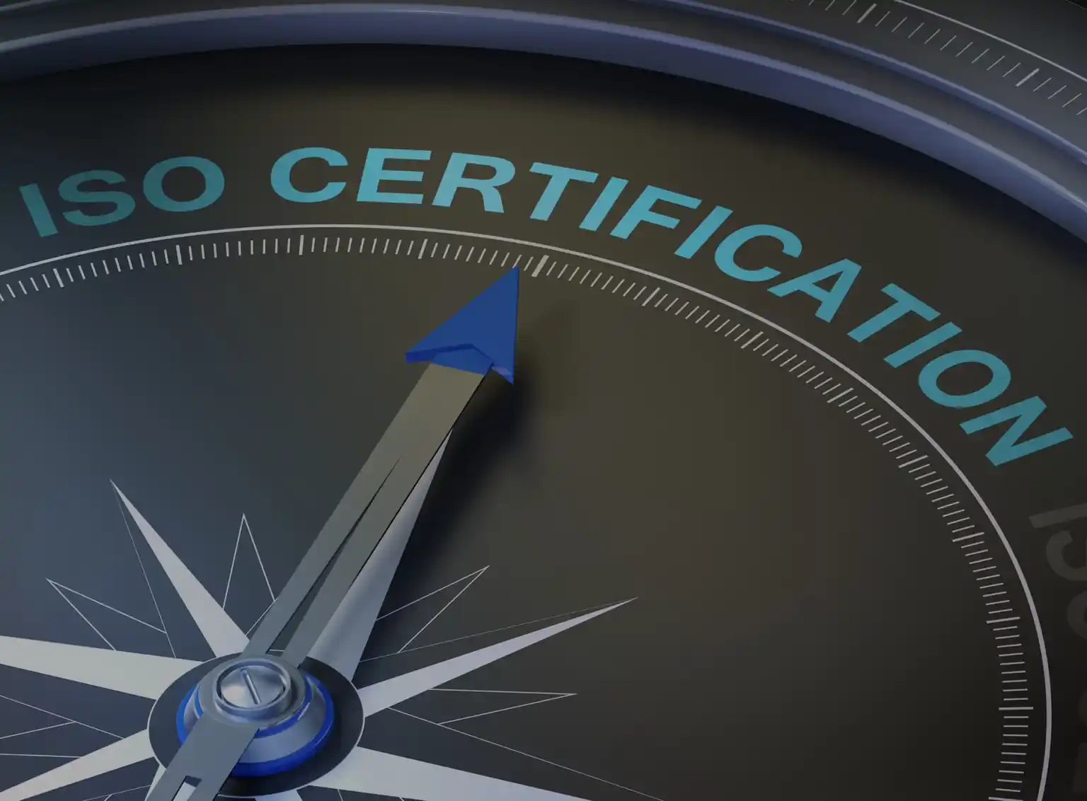 A compass needle indicating ISO certification. 