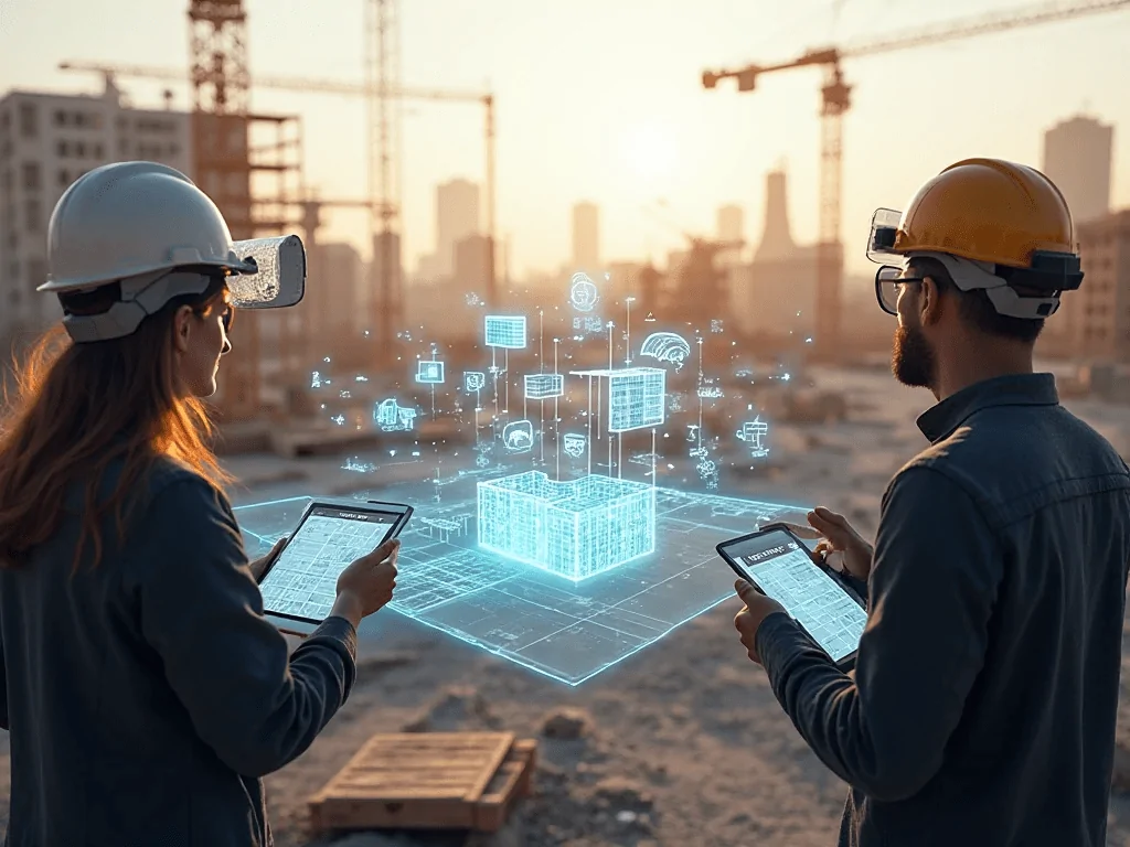 Engineers using construction collaboration software to track project progress on-site. 