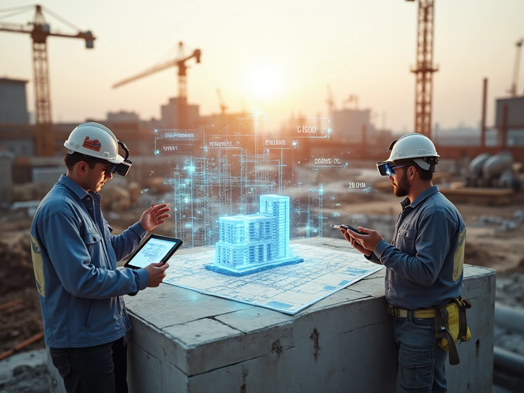Engineers using construction collaboration software to track project progress on-site. 
