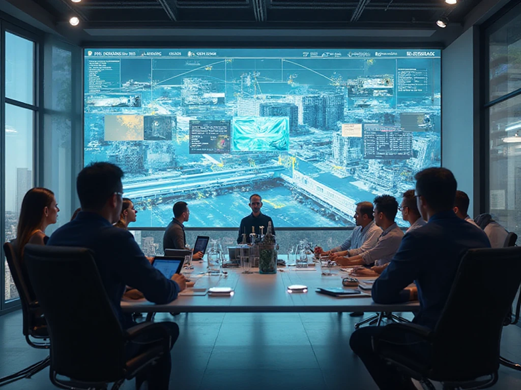A construction team using construction collabration software in a panel meeting. 
