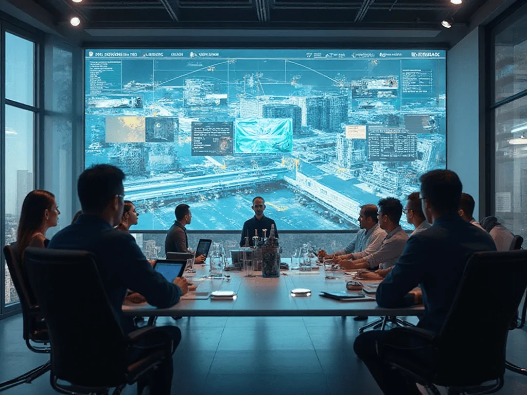 A construction team using construction collabration software in a panel meeting. 