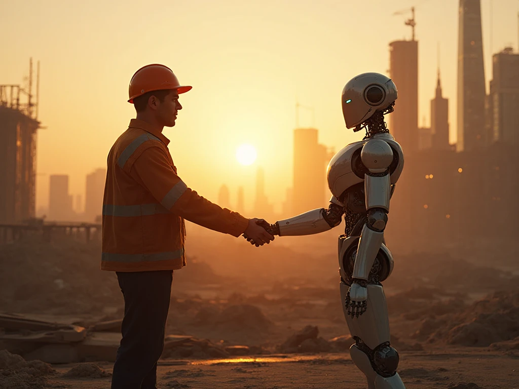 A human engineer shaking hands with a humanoid at a construction site. 