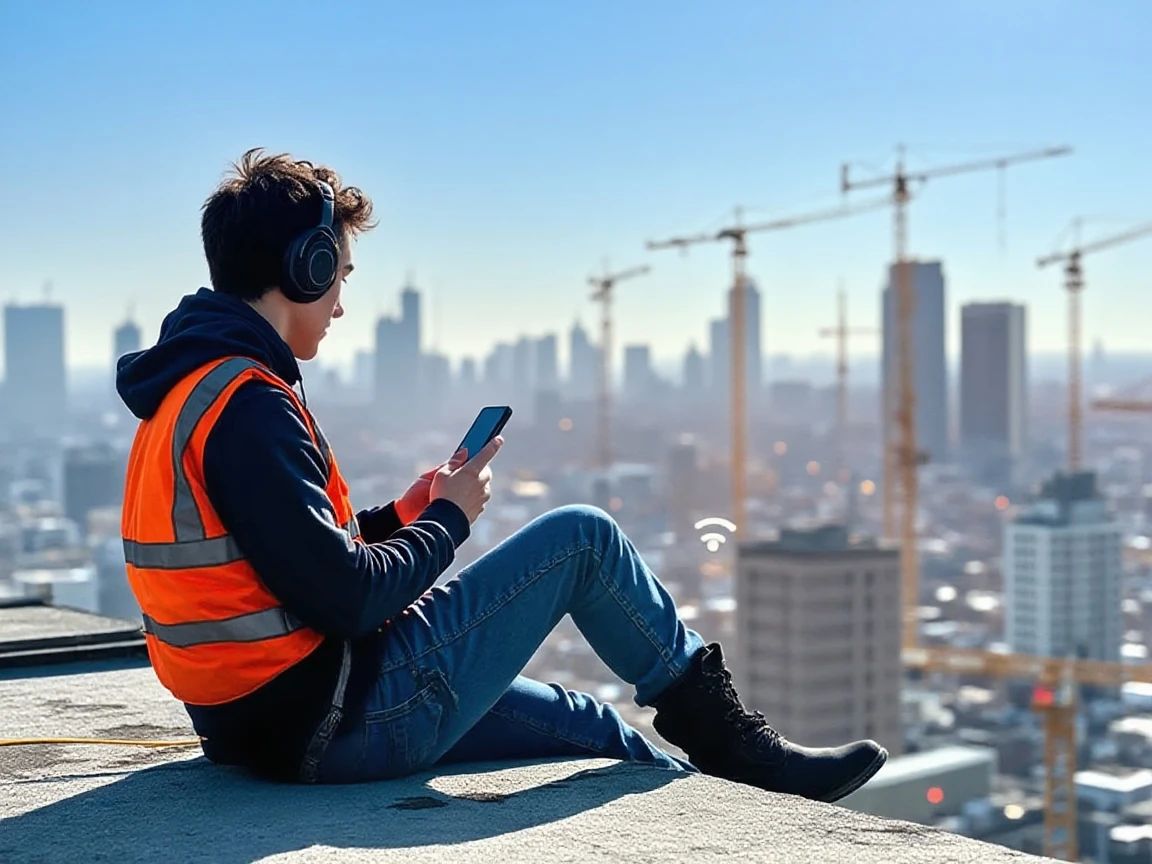 A construction worker listening to a live podcast session. 