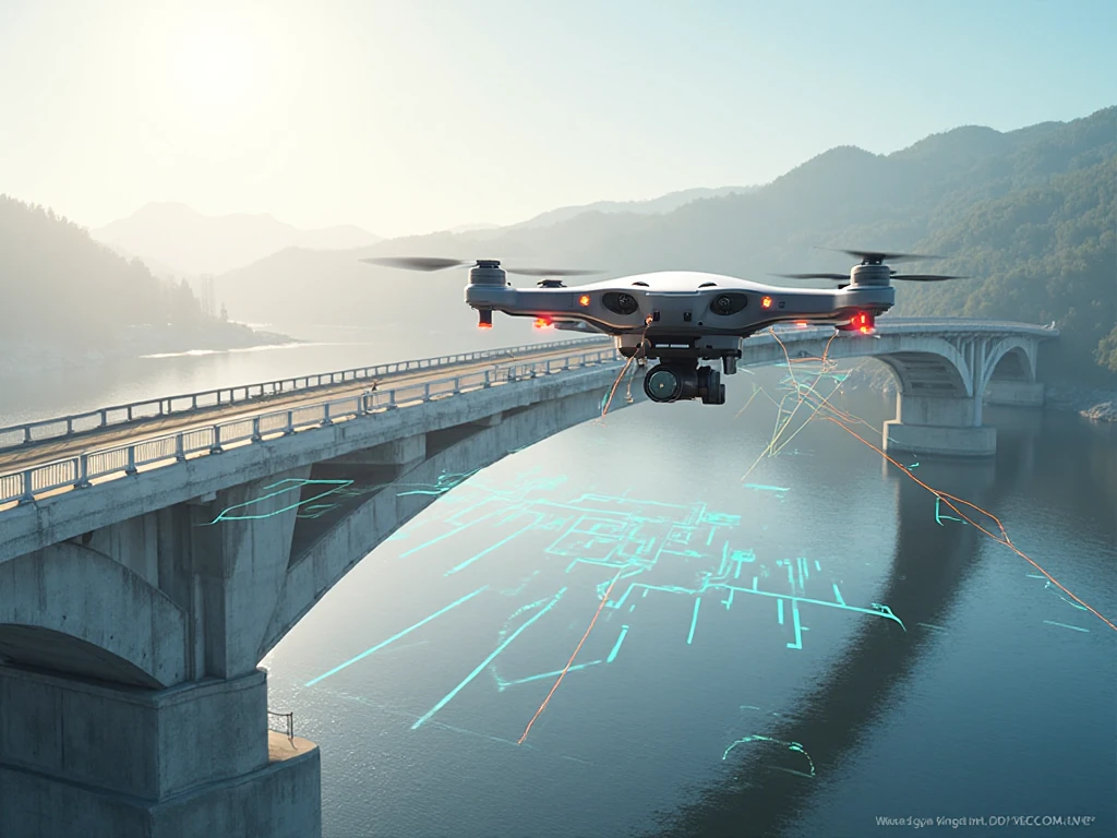 A drone inspecting a bridge during a predictive maintenance using AI procedure. 
