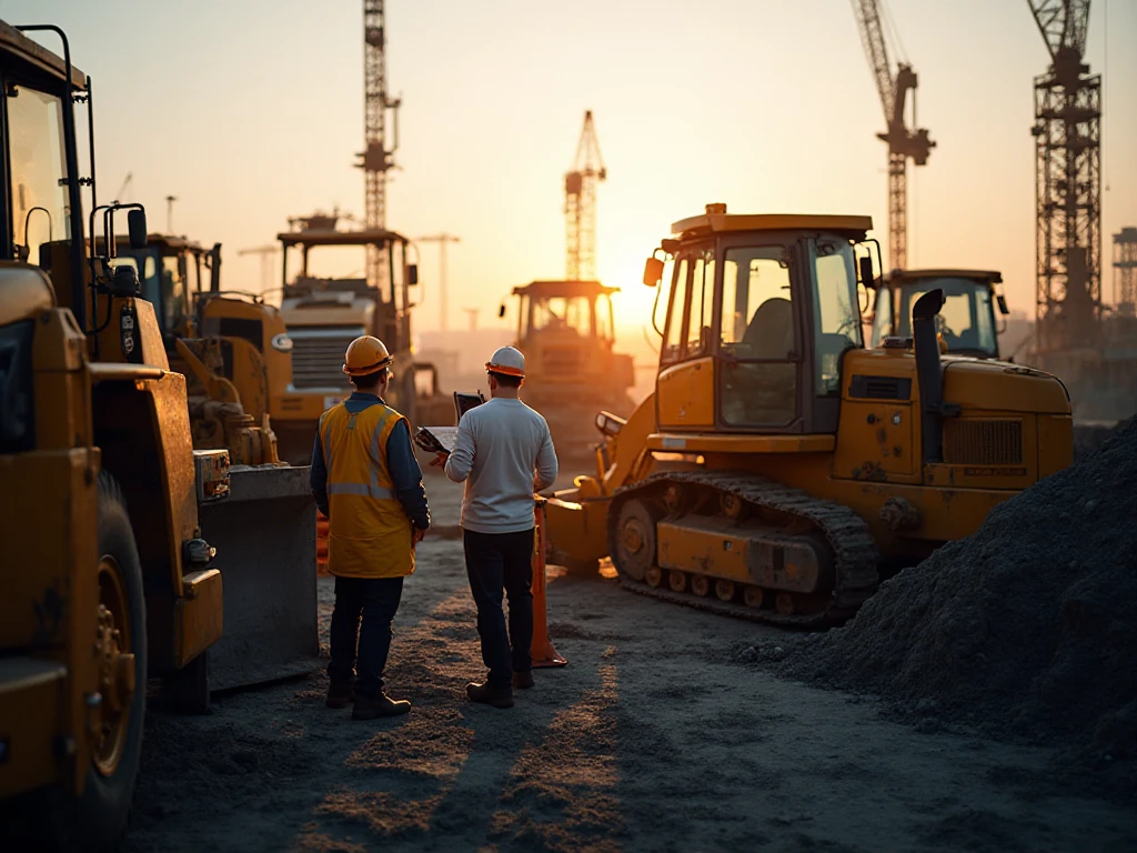 Two engineers in a plant yard discussing about preventative maintenance vs reactive maintenance of construction equipment. 