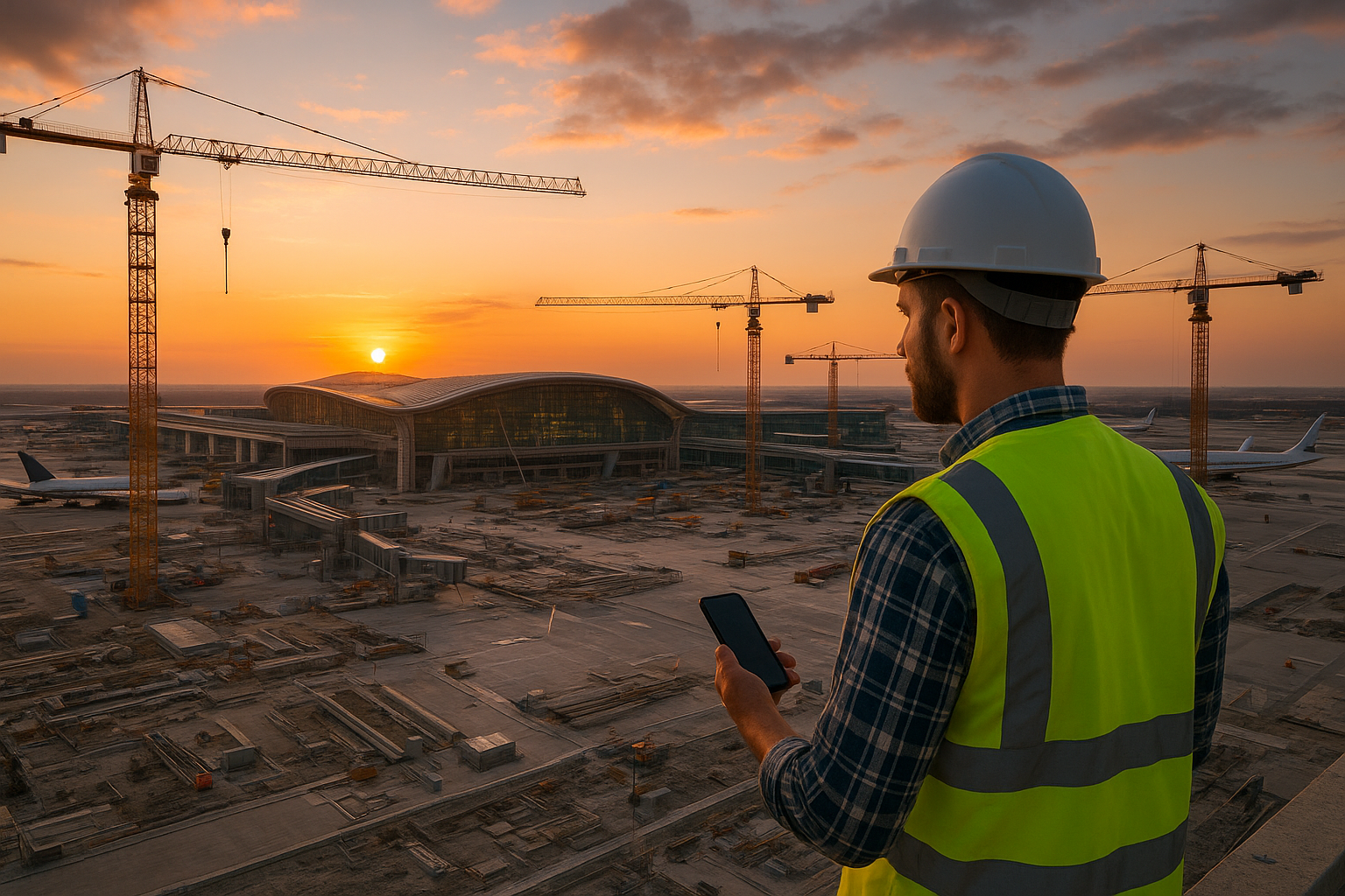 AN engineer overlooking an mega airport project under construction