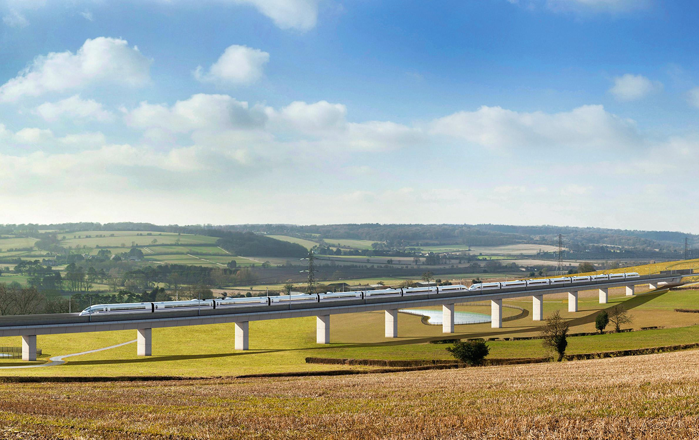HS2 UK rail project train travelling on a bridge.