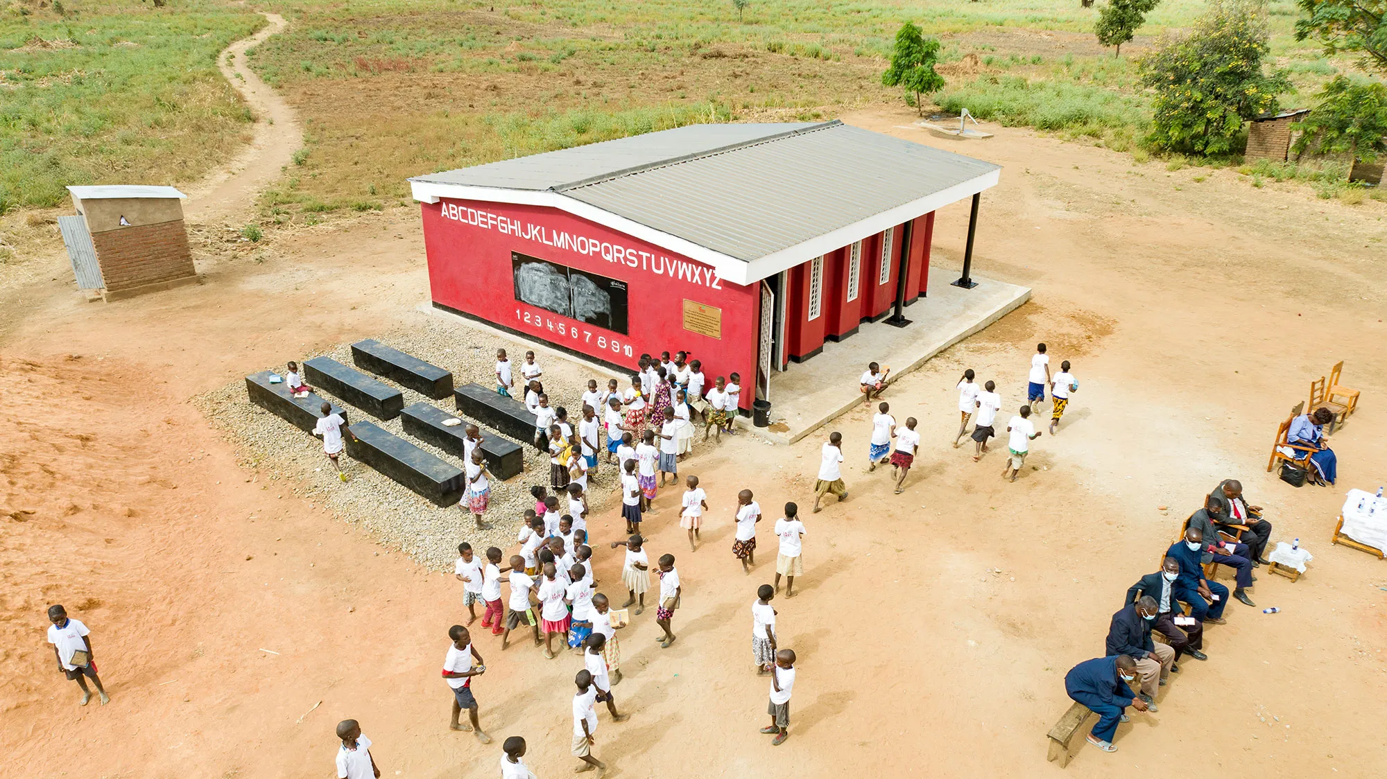 A bird's-eye view of the world's first 3D-printed school in Malawi.