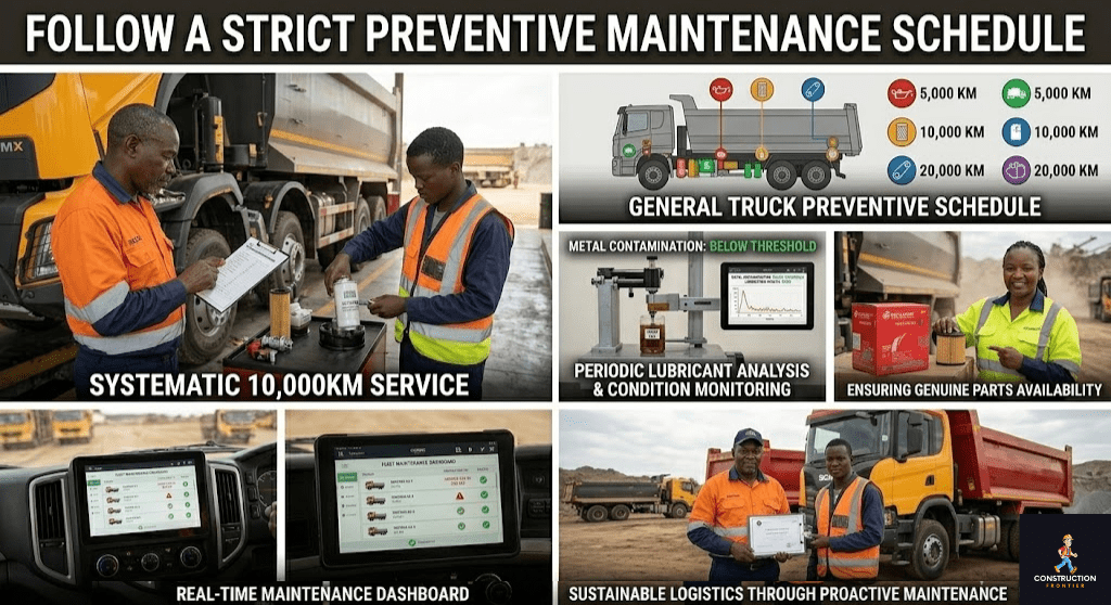 Follow a strict preventive maintenance schedule for tipper trucks from China in Africa. 