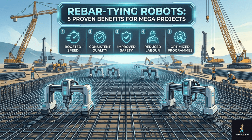 Rebar-tying robots in operation at a mega construction project.