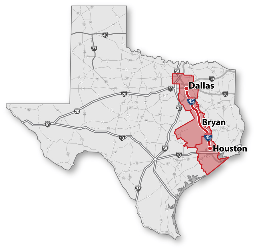I-45 Texas highway route in red.