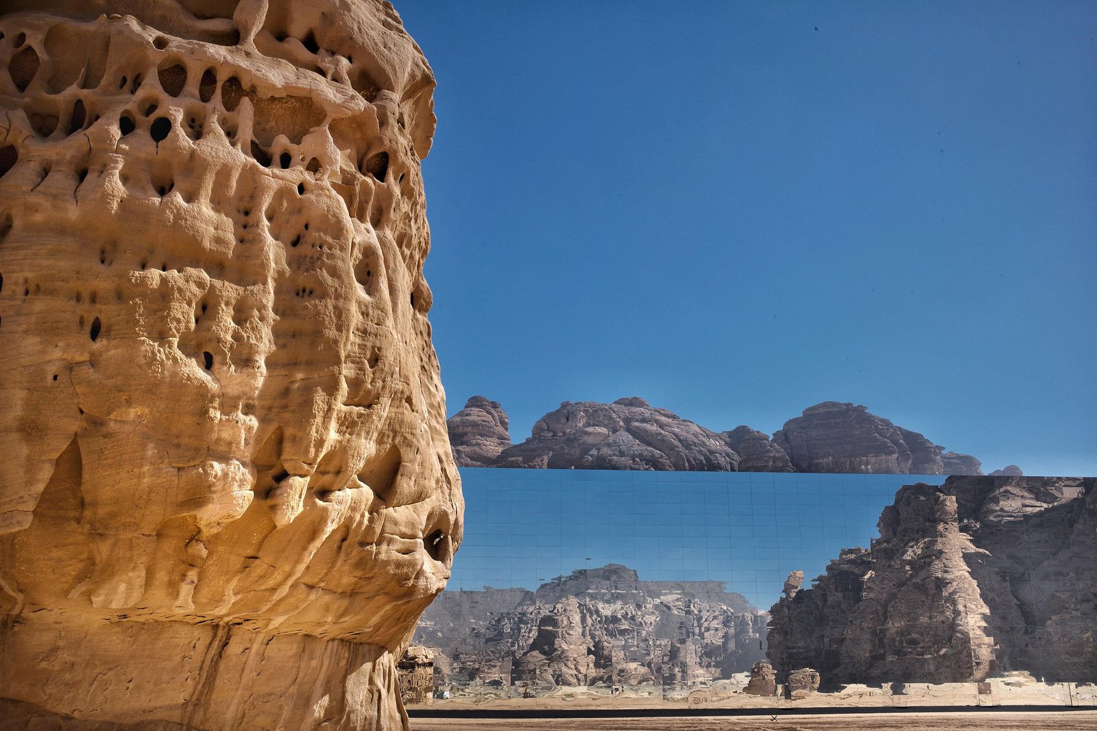 The Maraya Concert Hall next to the archaeological stones of the Nabataean city of Hegra. 
